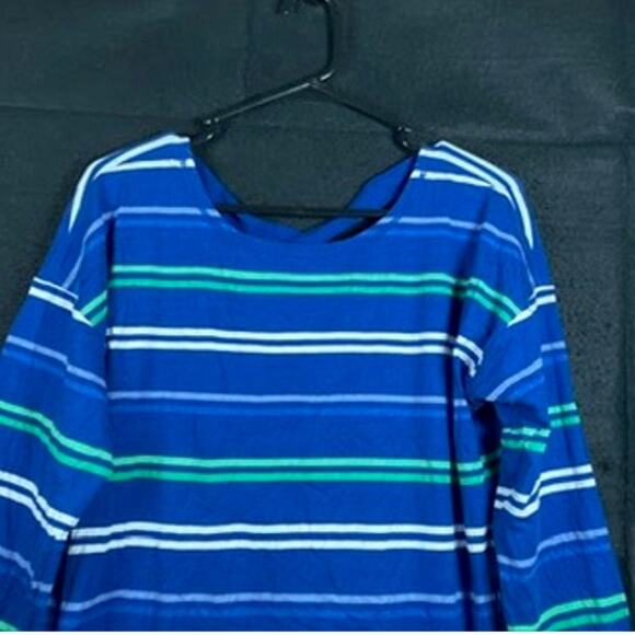 T By Talbots Women Shirt Blue Striped Boat Neck Cross Back Long Sleeve Stretch L - Picture 2 of 12